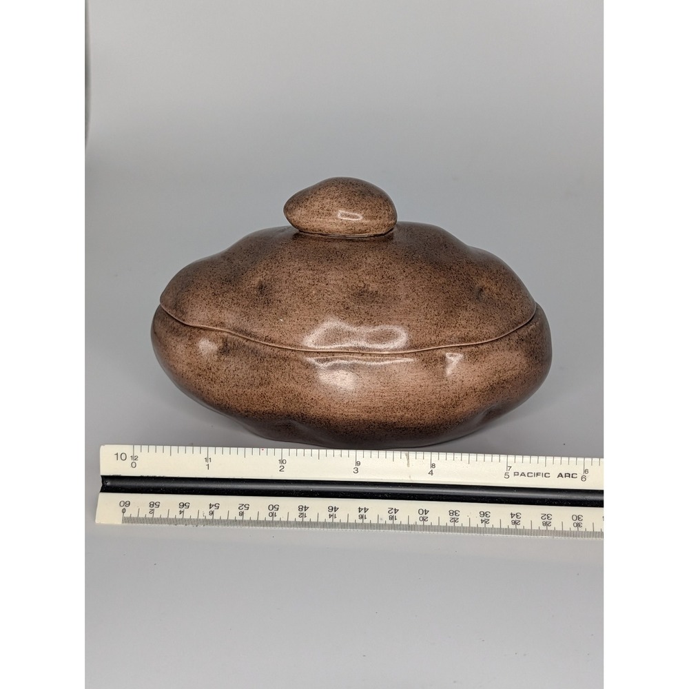 Vintage Ceramic Potato Lidded Dish Brown Speckled Glaze Serving Bowl With Notch